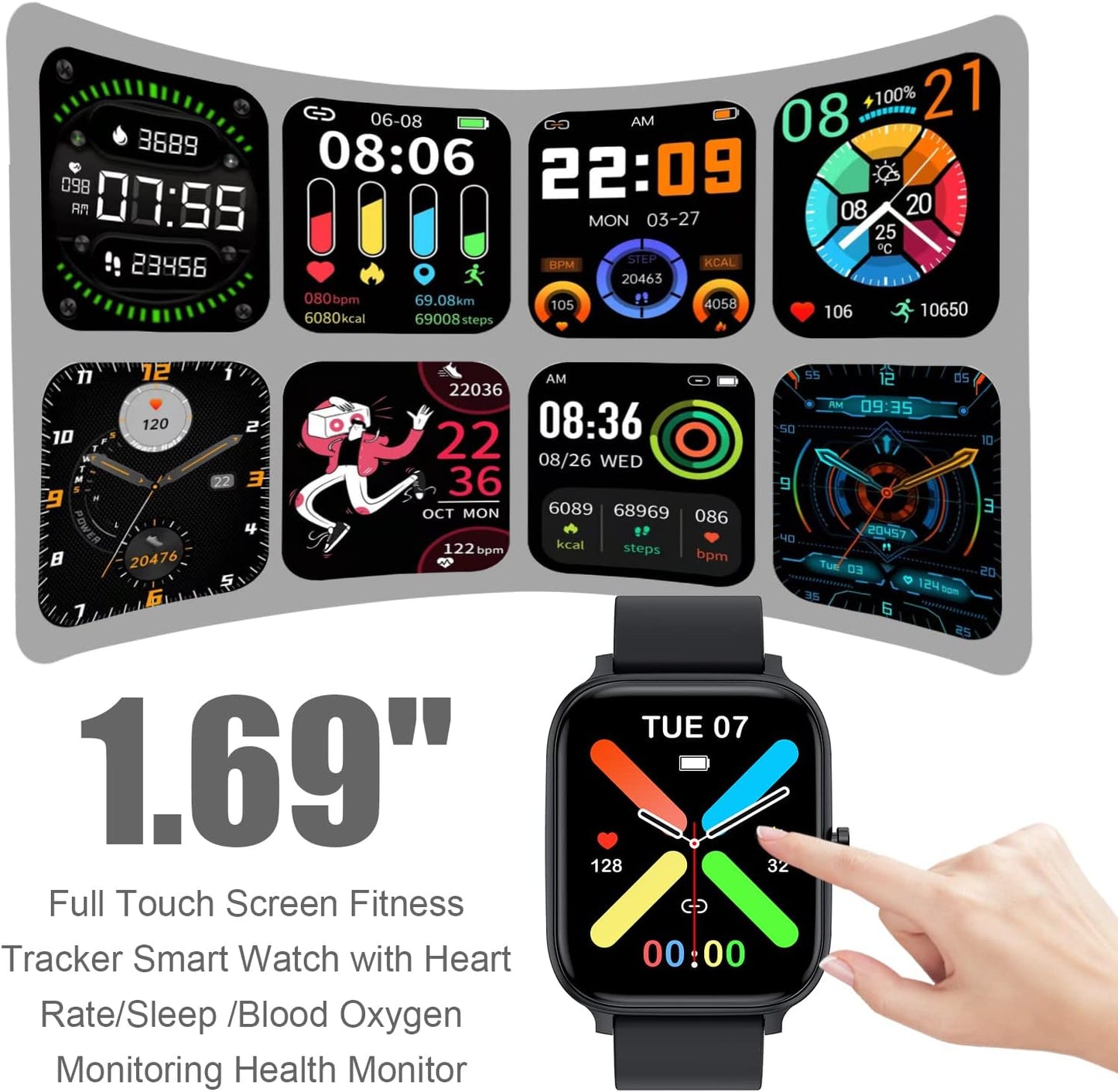 Smart Watch for Men Women Compatible with Android Phone 1.83 inch Full Touch Screen IP68 Waterproof Bluetooh Fitness Tracker Heart Rate/Sleep Monitor, Black