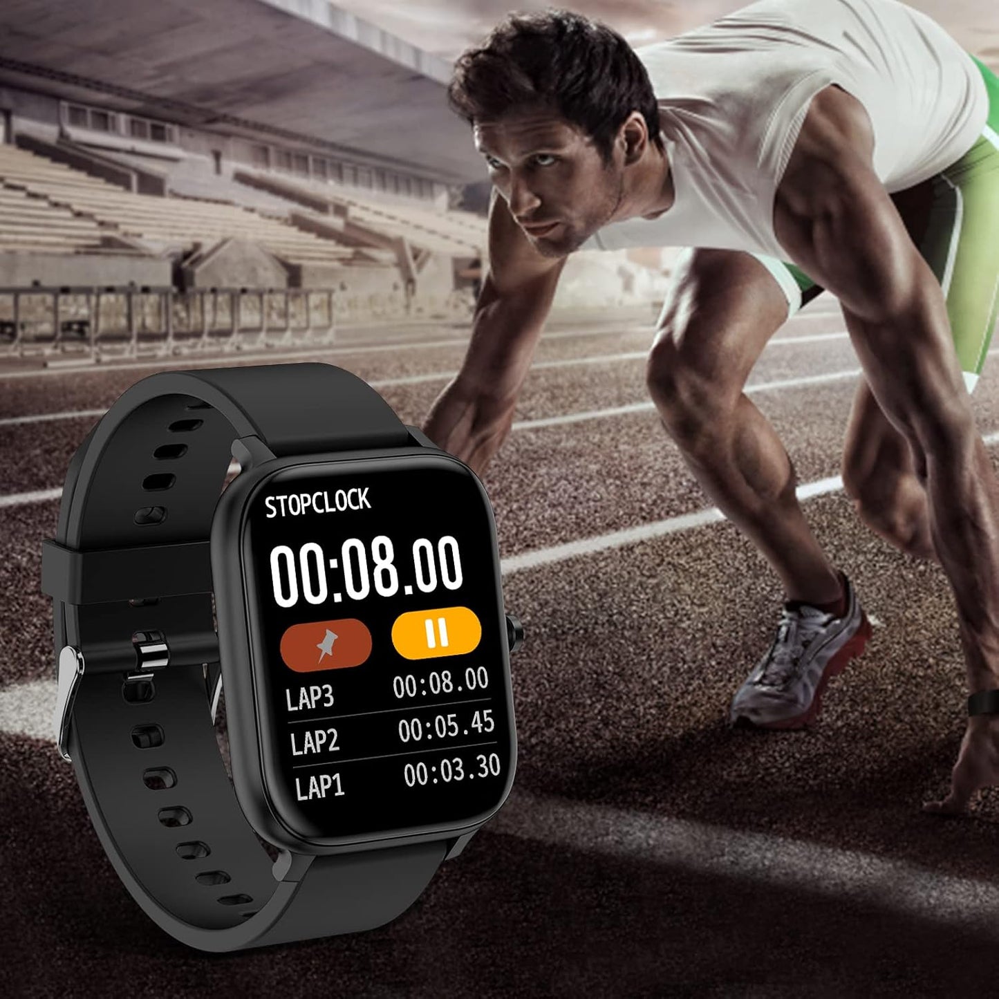 Smart Watch for Men Women Compatible with Android Phone 1.83 inch Full Touch Screen IP68 Waterproof Bluetooh Fitness Tracker Heart Rate/Sleep Monitor, Black