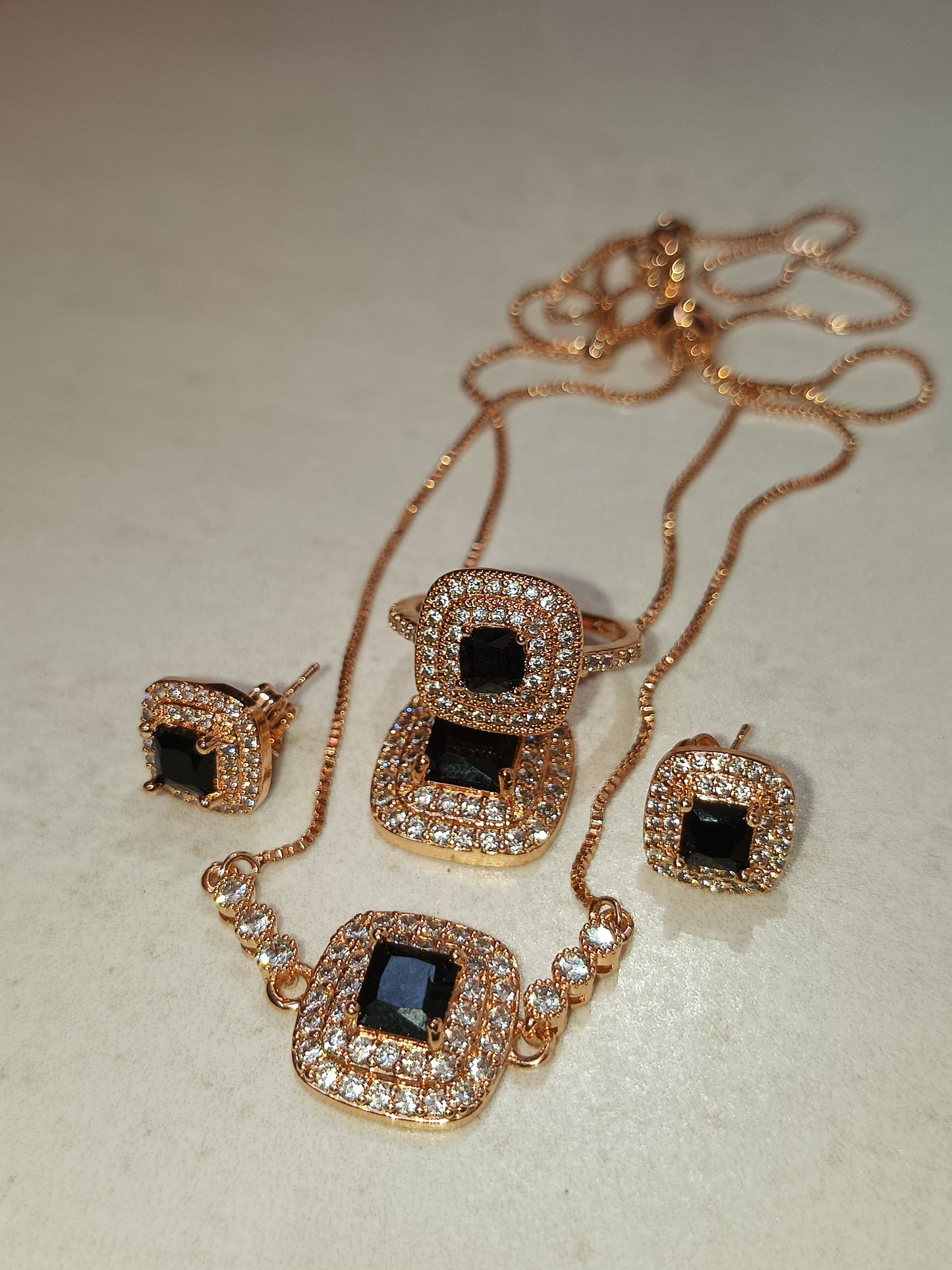 Elegant Rose Gold Jewelry Set with Black Square Stones