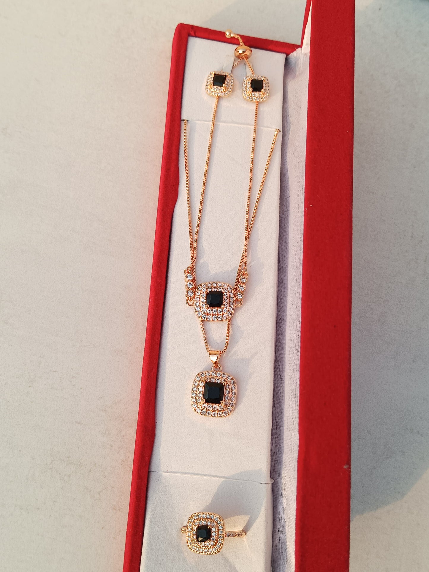Elegant Rose Gold Jewelry Set with Black Square Stones