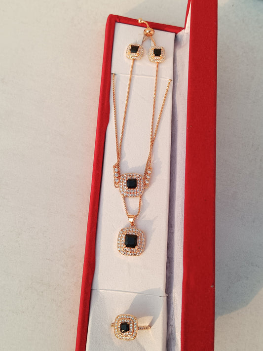 Elegant Rose Gold Jewelry Set with Black Square Stones